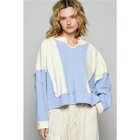 POL Color Block Waffle Knit Raw Hem Sweatshirt - Picture 1 of 5